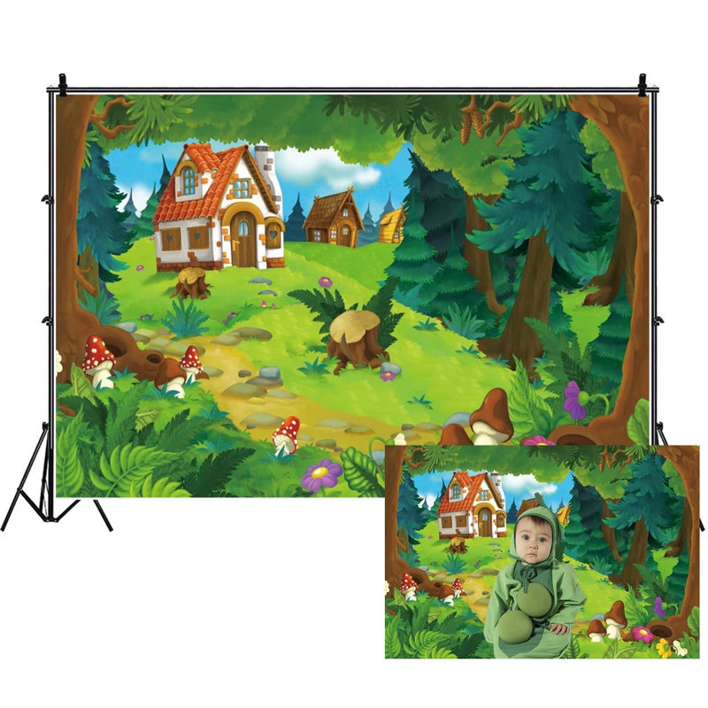 Renaiss 5x3ft Cartoon Forest Backdrop Fairytale Green Forest Village Wood Hut Mushroom Flowers Wonderland Photography Background for Baby Shower Kids Birthday Party Decor Photo Studio Props - Image 1